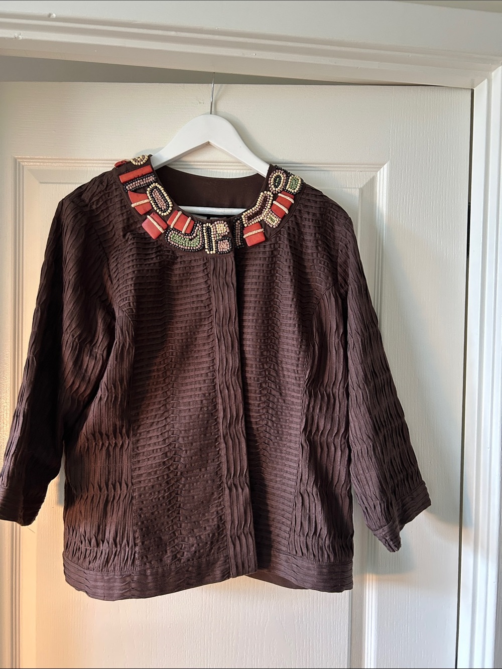 Chico's Brown Textured Jacket with Beaded Collar